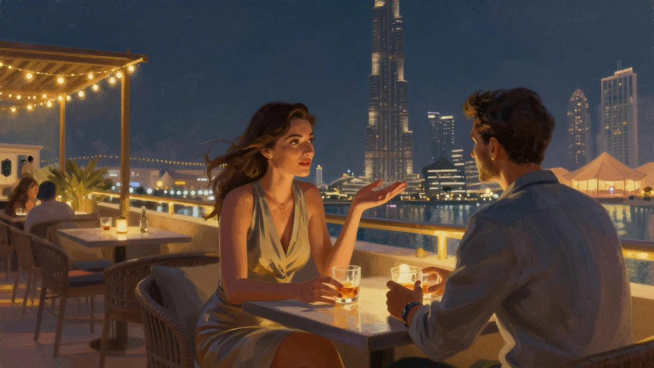 A companion and client share a quiet moment at a rooftop lounge in Dubai Marina, the city skyline sparkling behind them.
