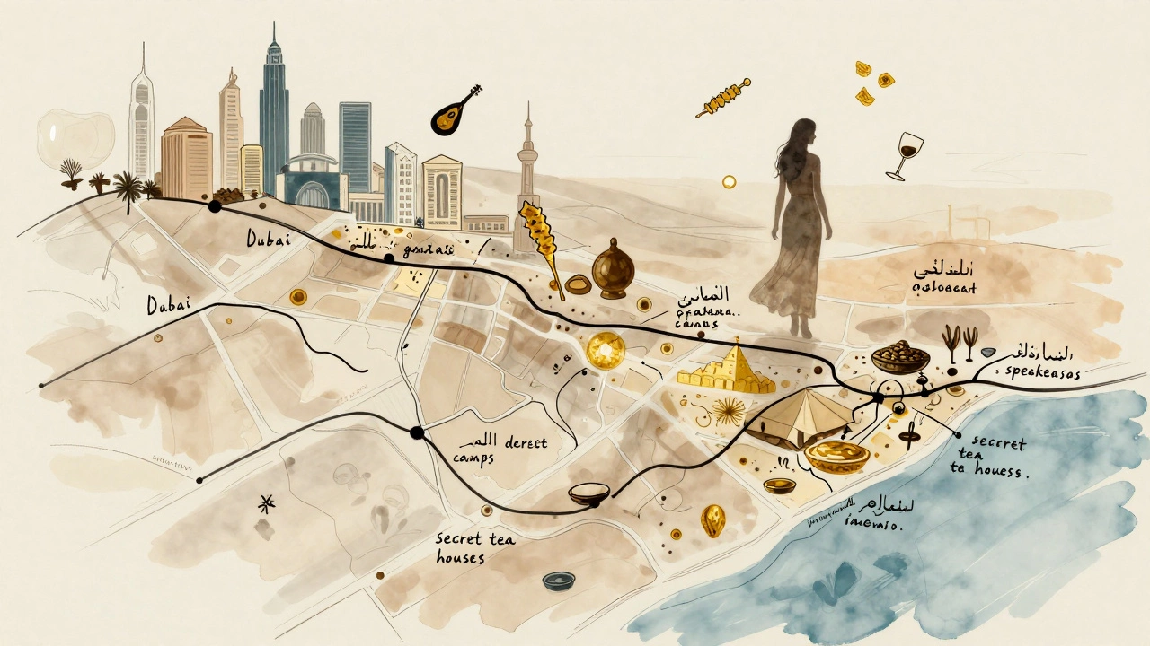 A hand-drawn map of Dubai reveals hidden local spots like speakeasies and desert camps, marked with handwritten notes and symbols.