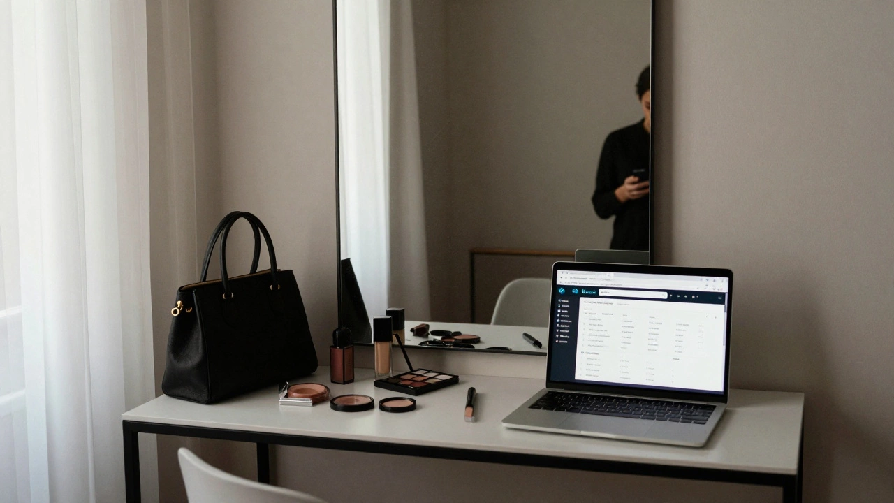 A modest Paris apartment vanity with makeup, handbag, and laptop showing an OnlyFans dashboard in soft morning light.