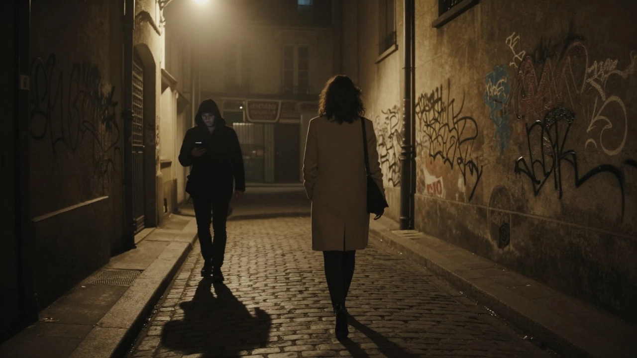 A woman walks away down a shadowy Paris alley at night, a figure in the background holding a phone.